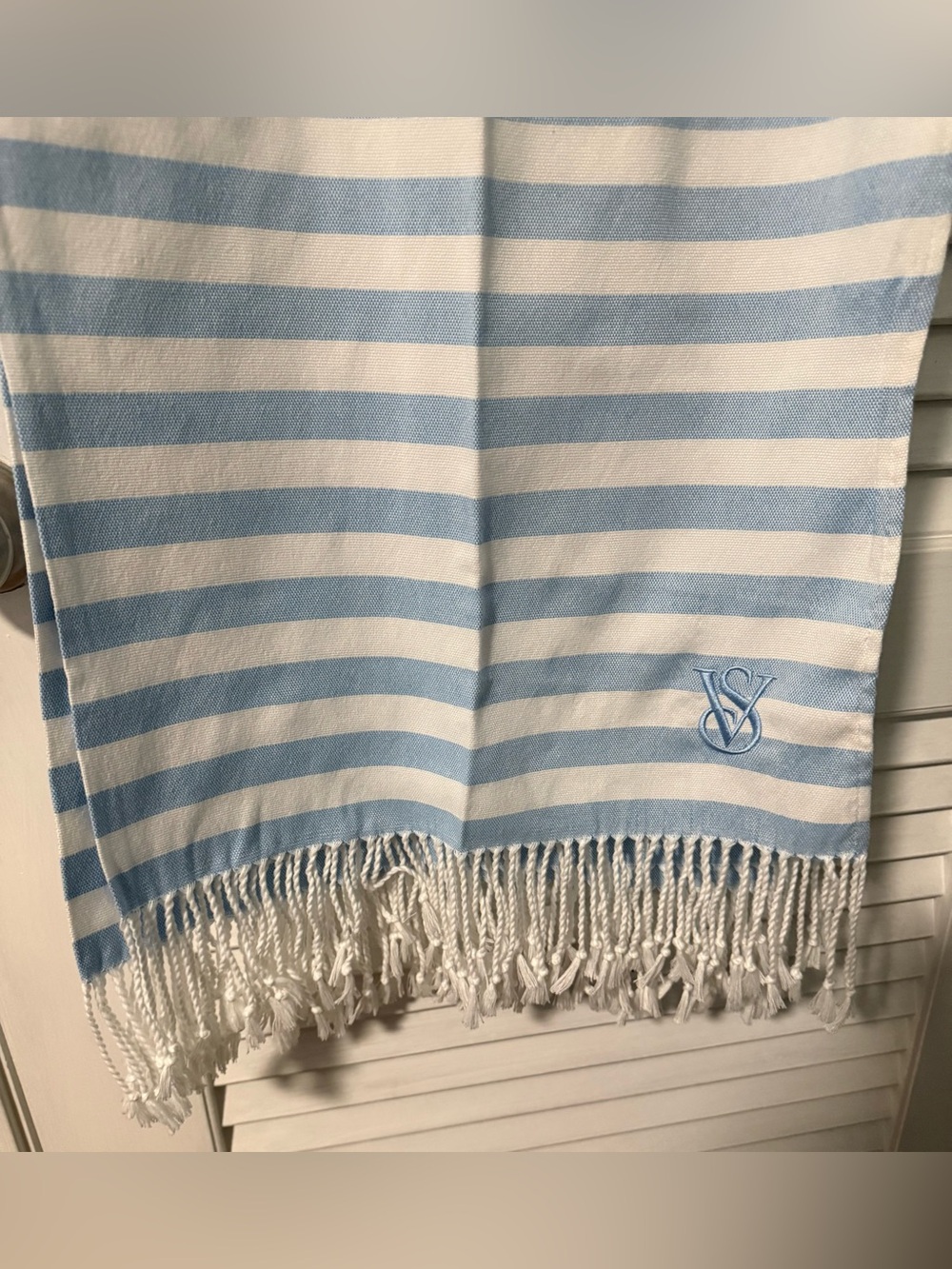Victoria Secret Beach Blanket Cream and Blue Striped with fringe! NEW - Picture 5 of 7